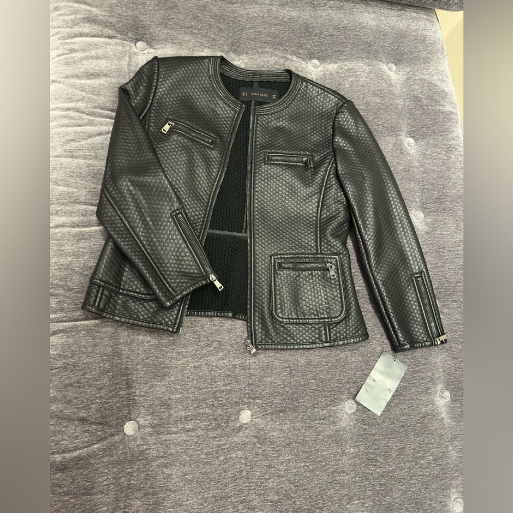 NWT Vintage Retro Streetwear RARE Luxury Zara Textured Faux Leather Biker Jacket - Picture 10 of 10